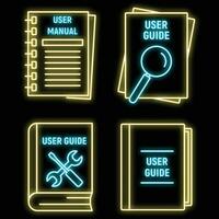 User guide book icons set vector neon