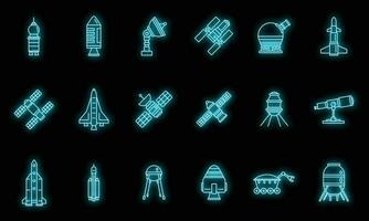 Planet space research technology icons set vector neon