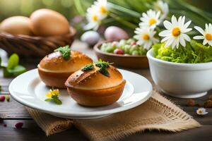 Pascua de Resurrección panes en un plato con flores y huevos. generado por ai foto