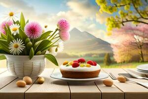 cake and flowers on the table with a view of the mountains. AI-Generated photo