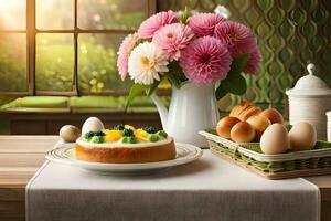 a table with a cake, eggs and flowers. AI-Generated photo