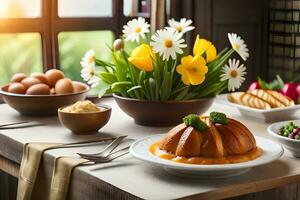 a table with food and flowers on it. AI-Generated photo