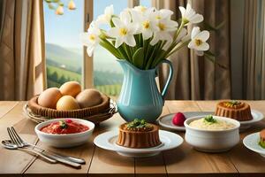 a table with a vase of flowers, eggs and a bowl of soup. AI-Generated photo