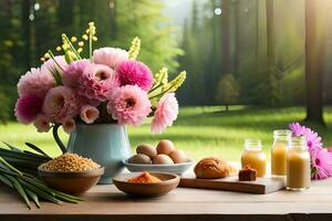 flowers, eggs, and other food items on a table in the woods. AI-Generated photo