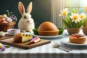 un Pascua de Resurrección mesa con huevos, pasteles y flores generado por ai foto