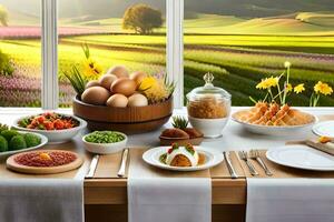 un mesa conjunto con comida y flores generado por ai foto