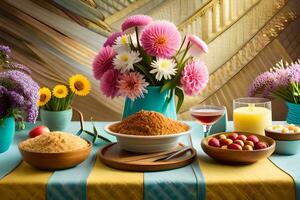 a table with bowls of rice, flowers and other food. AI-Generated photo