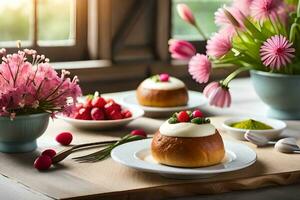 a table with a dessert and flowers. AI-Generated photo