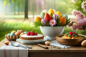 easter flowers and cakes on a table. AI-Generated photo