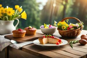 easter breakfast with flowers and cakes. AI-Generated photo