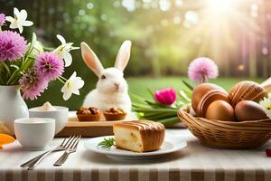 un mesa con huevos, flores y un conejito. generado por ai foto