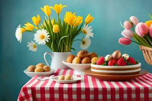 a table with a basket of flowers, eggs and a cake. AI-Generated photo