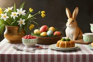 un Pascua de Resurrección mesa con un conejito y huevos. generado por ai foto