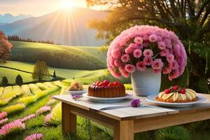 a table with cakes and flowers in front of a field. AI-Generated photo