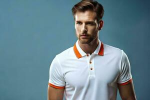 a man in a white polo shirt with orange trim. AI-Generated photo