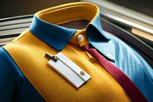 a close up of a blue and yellow shirt with a white tag. AI-Generated photo
