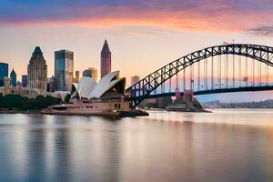 sydney skyline at sunset with the opera house and bridge. AI-Generated photo