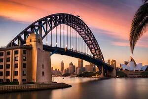 Sydney puerto puente a puesta de sol. generado por ai foto