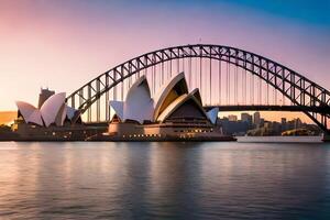 Sydney ópera casa y puente a puesta de sol. generado por ai foto