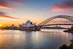 el Sydney ópera casa y puente a puesta de sol. generado por ai foto