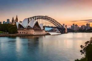 el Sydney ópera casa y Sydney puente a puesta de sol. generado por ai foto