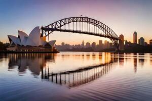 Sydney puerto puente y ópera casa a puesta de sol. generado por ai foto