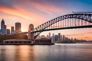 Sydney puerto puente a puesta de sol. generado por ai foto