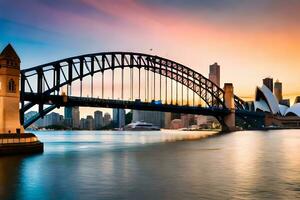 Sydney puerto puente a puesta de sol. generado por ai foto