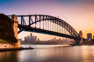 Sydney puerto puente a puesta de sol. generado por ai foto