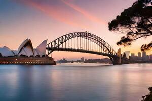 the sydney opera house and sydney bridge at sunset. AI-Generated photo