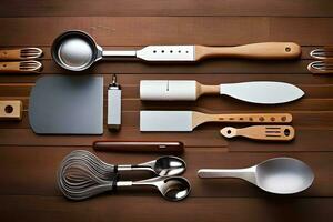 a collection of kitchen utensils arranged on a wooden surface. AI-Generated photo