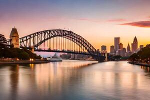 Sydney puerto puente a puesta de sol. generado por ai foto