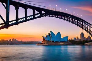 Sydney ópera casa y puente a puesta de sol. generado por ai foto