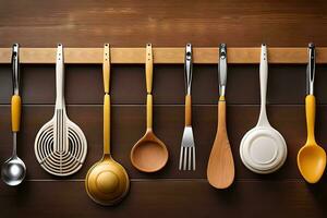 a group of utensils hanging on a wooden wall. AI-Generated photo