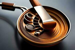 a pan with a wooden handle and a spoon. AI-Generated photo