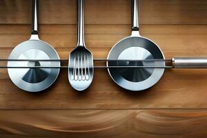 three forks and spoons hanging from a wooden wall. AI-Generated photo