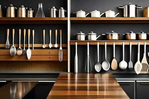a kitchen with a wooden counter and shelves with utensils. AI-Generated photo