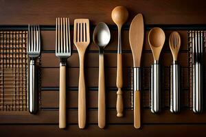 a group of wooden utensils on a wooden table. AI-Generated photo