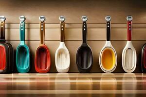 a row of colorful utensils lined up on a wooden shelf. AI-Generated photo