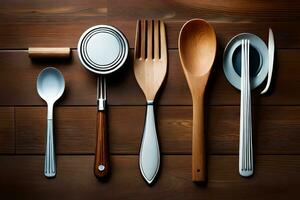 a collection of utensils on a wooden table. AI-Generated photo