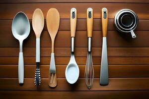 a group of different utensils on a wooden table. AI-Generated photo