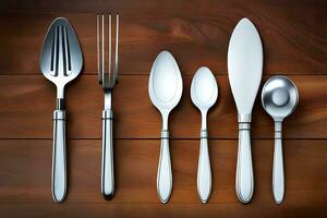 silverware on wooden table with fork, spoon and knife. AI-Generated photo