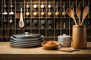 a kitchen with wooden utensils and spoons. AI-Generated photo