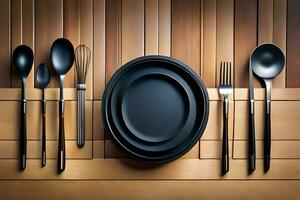 a black plate with a fork, spoon and knife on a wooden table. AI-Generated photo
