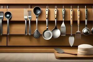 a wooden shelf with utensils hanging from it. AI-Generated photo