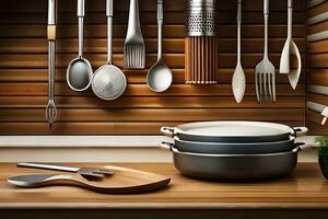 a kitchen with utensils and pans on a wooden shelf. AI-Generated photo