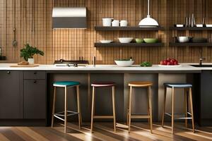 a modern kitchen with wooden walls and stools. AI-Generated photo