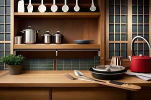 a kitchen with wooden shelves and pots and pans. AI-Generated photo