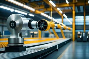 a robotic arm is in a factory with yellow lights. AI-Generated photo