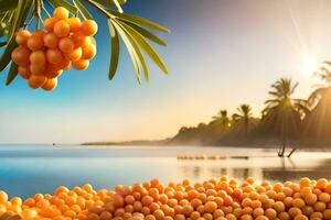 orange fruits on the beach with a palm tree in the background. AI-Generated photo
